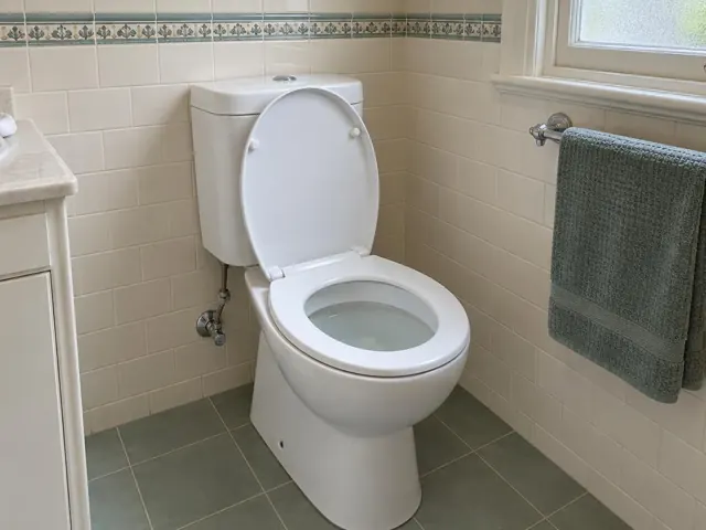 Clean white toilet in a tiled bathroom beside a window and towel rail in Coogee